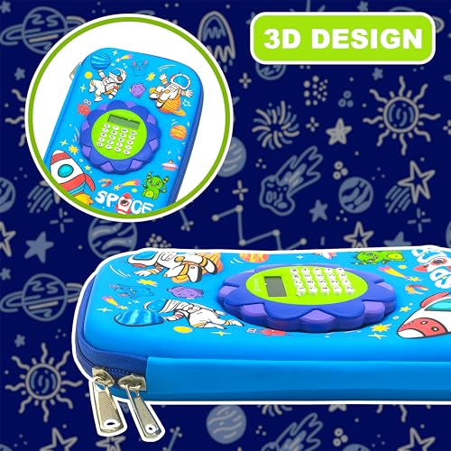 Image of VGRASSP Space Theme Stationery Pencil Case for Kids with Mini Calculator - 3D EVA Zipper Pouch with Multi Storage Compartments - Fun School Stationery Organizer - Multicolor
