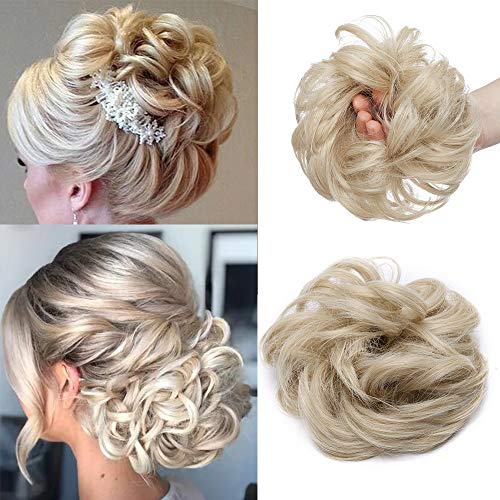 Silk-co Synthetic Hair Bun Extensions Messy Curly Hair Scrunchies Hairpieces Updo Donut Hairpieces for Women -Bleach Blond & Bleach White