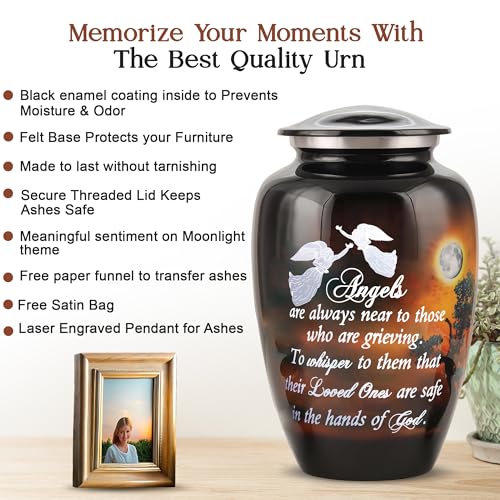 Image of Handcrafted Angel Quote Large Urn for Ashes Adult Male & Female with Velvet Bag | Funeral Cremation Urns for Human Ashes Adult Man | Decorative Memorial Burial Urns up to 220 lbs