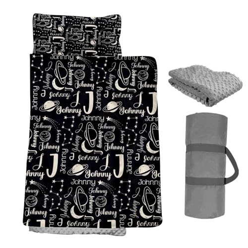 Dyoart Custom Space Nap Mat, Personalized Name Toddler Sleeping Bag for Daycare Preschool Kindergarten, Boys Girls Sleep Mats with Pillow Blanket, Kids Sleep Sacks for 2-15 Years, Black White Universe