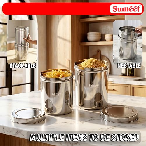 Image of Sumeet Stainless Steel Big Dabba /Canisters /Vertical Storage Container for Kitchen, 17cm & 18cm Dia - 3500ml - (3.5Kg to 4Kg Approx) & 4500ml - (3.9Kg to 4.5Kg Approx)