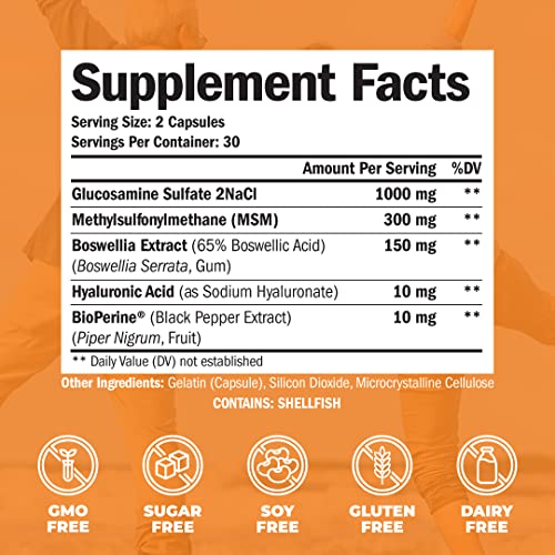 Glucosamine Sulfate With Hyaluronic Acid, Bioperine, Msm & Boswellia - Occasional Joint Discomfort Relief Supplement. Aids Healthy Inflammatory Response. Anti-Oxidant Pills For Back, Knees And Hands #TOP1
