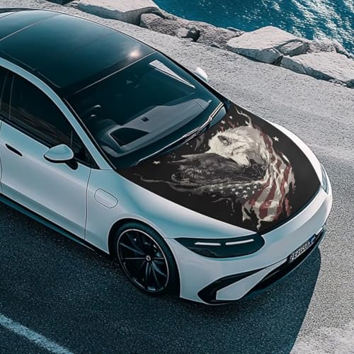 Image of Cool Wolf American Flag Car Hood Cover Protector 59x39 Inch Auto Hood Wrap Blankets Stretchable Waterproof Sun Proof Auto Patriotic Decorations for Sedans SUV Trucks