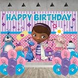 Doc Girls Birthday Party Decoration,Doc McStuffins Party Photo Background 5 x 3 FT and 18 Pcs Balloon,Cartoon Merch Party Backdrop Supplies