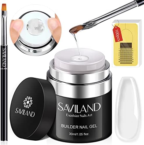 SAVILAND Builder Nail Gel with Air Cushion Design, Clear Hard Gel for Nails Extension Gel, Builder Base Nail Gel & Strengthener Gel Nail Art Manicure Set with 100pcs Nail Forms Nail Brush