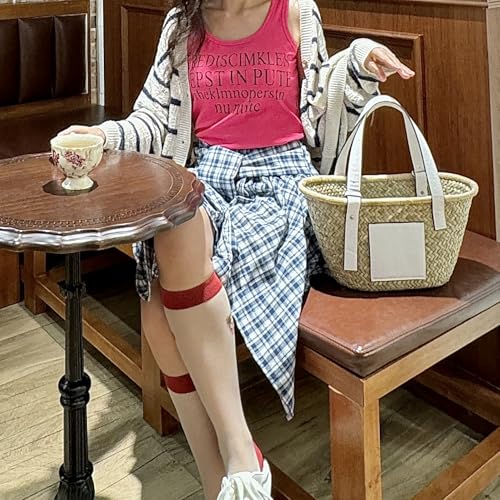 Image of Straw Basket Tote Bag for Women PU Leather Strap Hollow Woven Top Handle Straw Purses and Handbags
