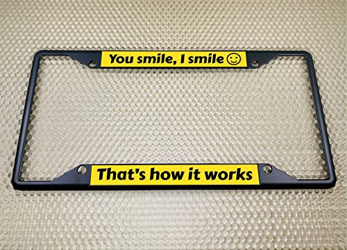 Image of Personalized with Custom Text Design - 4 Hole Black Metal Laser Engraved US Standard Size - Car License Plate Frame with Free caps - Yellow /Black Text (Qty: 1 Frame)