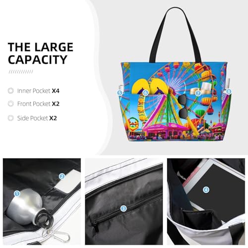corlorful park Large Capacity Beach Travel Bag, Foldable Beach Bag with Zipper, Great for Grocery Bag Pool Gym Travel Shopping3