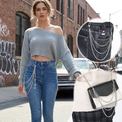 Image of SANNIDHI Jeans Chain Layered Silver Star Charm Punk Triple Pants Chains