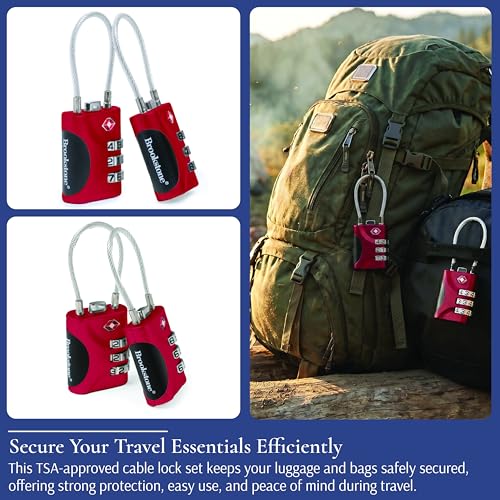 Image of Brookstone Cable Lock - 2 Pack 3-Digit Keyless TSA Approved Locks for Luggage - Resettable Combination Luggage Lock, Size One Size, Red