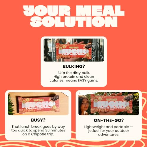 Image of Mucho Meal Bars, Chocolate Chip Crisp - 34g Protein, 3g Sugar, Low Saturated Fat - Healthy Meal Replacement Snack, Perfect for Bulking & Busy Lifestyles (8 Pack, Peanut Butter Caramel Chocolate)