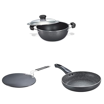 Prestige Omega Select Plus Non-Stick Flat Base Kadhai with Lid, 20cm, 2.2 Liters&Prestige Hard Anodised Plus Cookware Induction Base Roti Tawa, 22.5cm&Prestige Omega Deluxe Granite Fry Pan, 24 cm