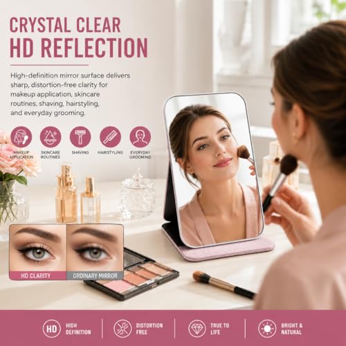 Image of Portable Folding Makeup Mirror with PU Leather Cover, Adjustable Stand HD Vanity Mirror for Travel, Bedroom, Dressing Table Compact Frameless Cosmetic Mirror for Girls & Women 16 x 11 cm(Pink)