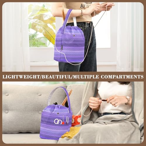 Image of Tatenale Crochet Bag Yarn Bag Knitting Project Bag with Pockets and Handle Portable Yarn Storage Organizer Tangle Free 8.3x11 InchPurple Stripes12