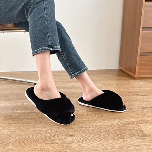 Women's Cross Band fluffy Slippers, Lady Soft Plush Faux Rabbit Fur Furry Cozy Open Toe House Indoor Warm Slippers2