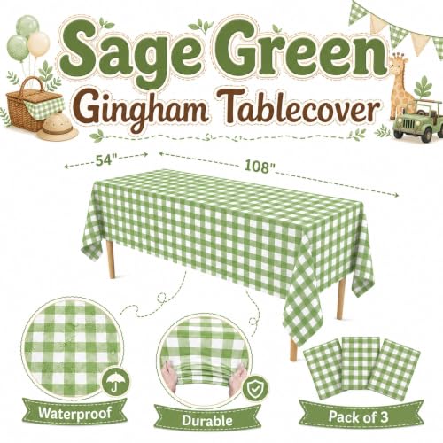 Image of Blue Orchards Sage Green Gingham Table Cover (Pack of 3 with 20 Glue dots) - 54 inchx108 inch XL - Sage Green and White Checkered Picnic Tablecloth, Baby Shower Decoration, Outdoor Birthday Party Supplies