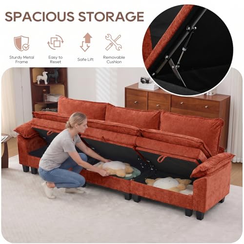 Image of IPKIG 117 inch Modular Cloud Couch with Storage, L Shaped Sectional Sofa with Ottoman & Pillow, Chenille Deep Seat Sectional Couches for Living Room, Apartment, Orange
