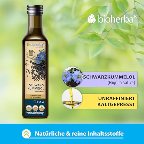 Schwarzkümmelöl 250 ml - Bioherba - Für Küche, Haut und Haarpflege - EU-Organic - Kaltgepresst & ungefiltert