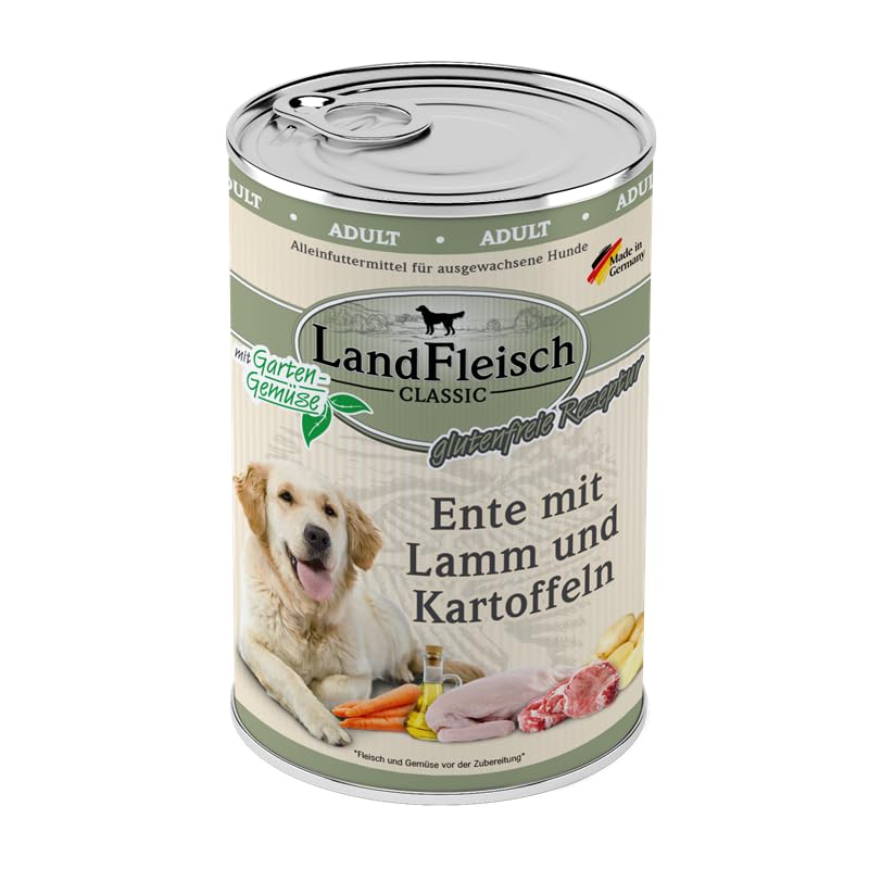 Landfleisch Classic Hundefutter 6 x 400g | Ente, Lamm und Kartoffeln | Mit hochwertigem Fleisch, Rapsöl (Omega-3 & 6), ohne Gluten, Zucker, GVO & Soja | Nassfutter für Hunde