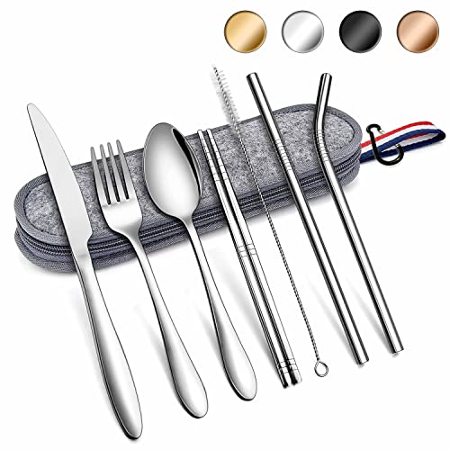 Herogo Travel Cutlery Set, 8 Pcs Portable Utensils Set with Pouch Case, Reusable Stainless Steel Knife Fork Spoon Chopsticks Straws for Camping Picnic Lunch, Mirror Finish & Dishwasher Safe (Silver)