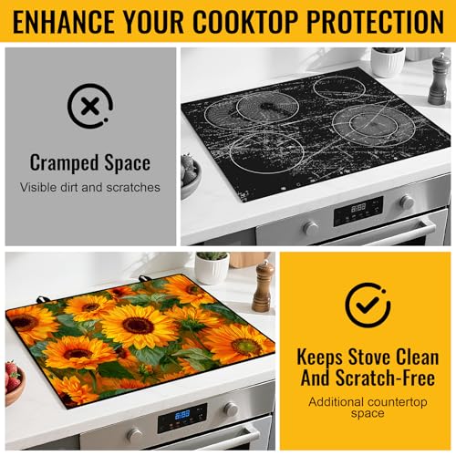 Image of NYZE Stove Cover for Electric and Glass Stove Tops 3-in-1 Stove Mat, Heat Resistant Counter Protector Mat, Non-Slip Surface & Drying Rack (Oil Painting Sunflower, 28.5 inchLx20.5 inchW)