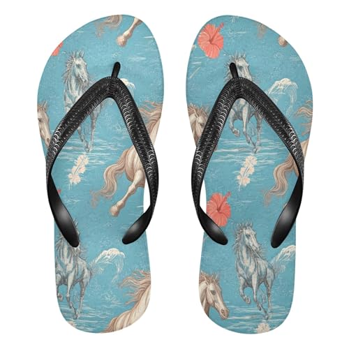 Burbuja Running Horses Hibiscus Flip Flops for Women Men, Soft Thong Sandals Rubber Slippers for Pool Beach Essentials