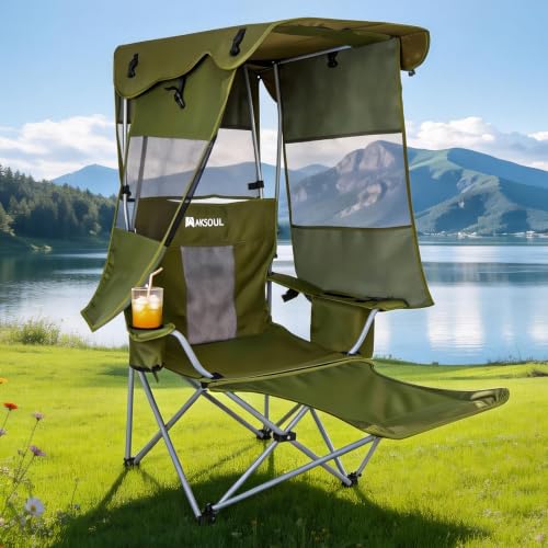 Silla plegable de camping AKSOUL con sombrilla: silla para campamento con toldo para adultos, silla portátil para playa con portavasos y bolsillo lateral, verde