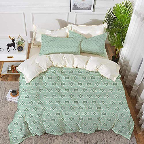 ropa de cama - Juego de funda nórdica, verde, estrellas estilizadas Patrón vintage Colores retro Estilo de los años setenta Decorativo, verde menta, Juego de funda nórdica de microfibra hipoalergénica