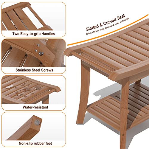 Bamboo Shower Stool Bench Waterproof With Storage Shelf For Shaving Legs Or Spa Bath Seat In Bathroom & Inside Shower For Adults Seniors Elderly (24 X 13.4 X 18.5 Inches+Walnut) #TOP6