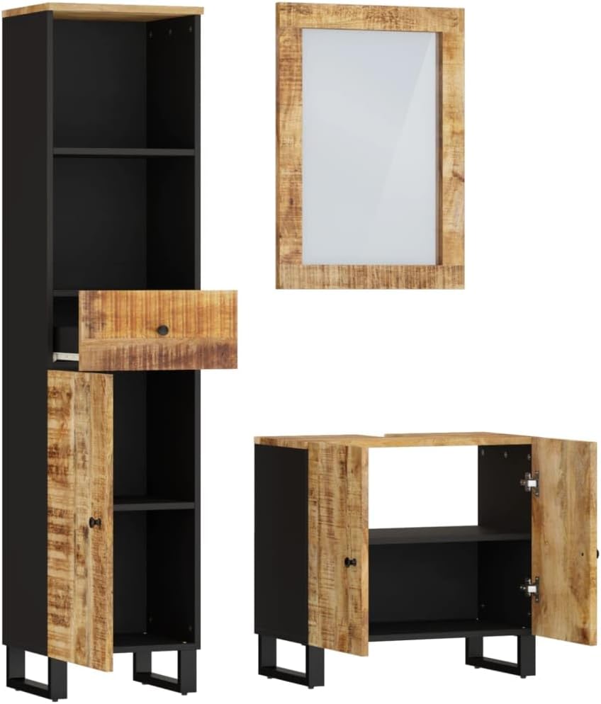 Bathroom Furniture Set, Natural Mango Wood, Solid Medium Vanity Cabinet, Storage Organizer with Mirror, Farmhouse Style for Master Bathroom