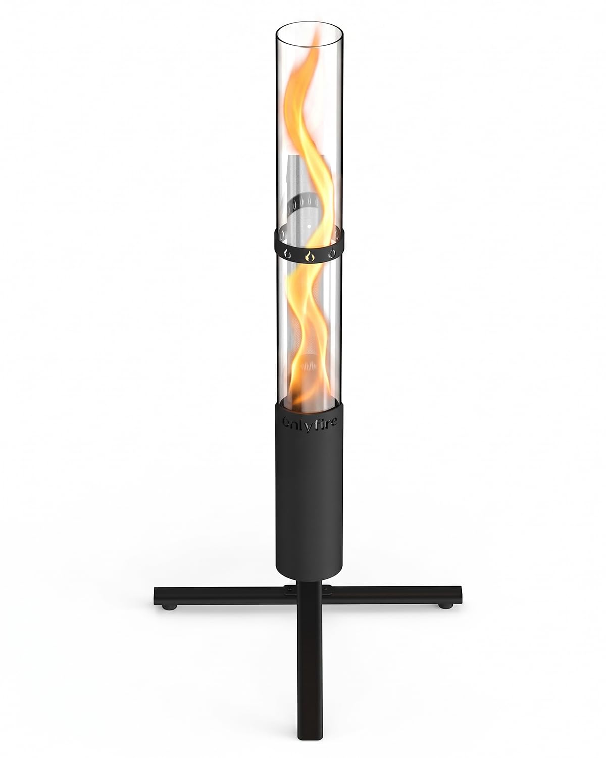 Onlyfire Estufa de Exterior de Pellets, Antorcha con Llama en Espiral de 360°, Chimenea de Jardín con Cilindro de Cristal de 65cm, Brasero de Exterior para Terraza y Camping, Altura Total 110cm