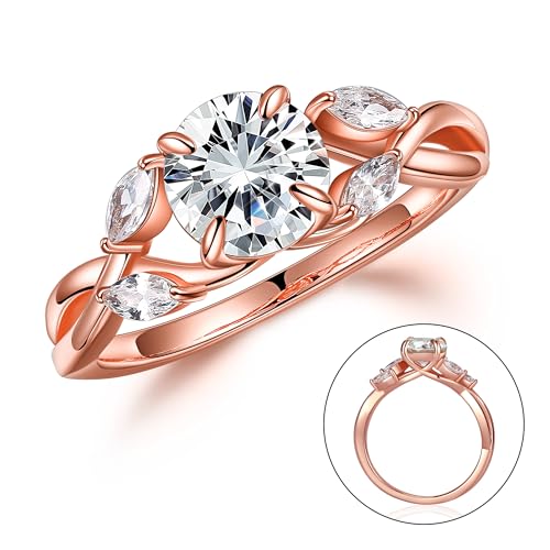 MOOSEA 1.2ct Round Moissanite Rings for Women, D Color VVS1 Clarity Lab Created Diamond Rings 14K Rose Gold Vermeil Willow Moissanite Promise Rings for Her Wedding Rings for Women Jewelry Gifts