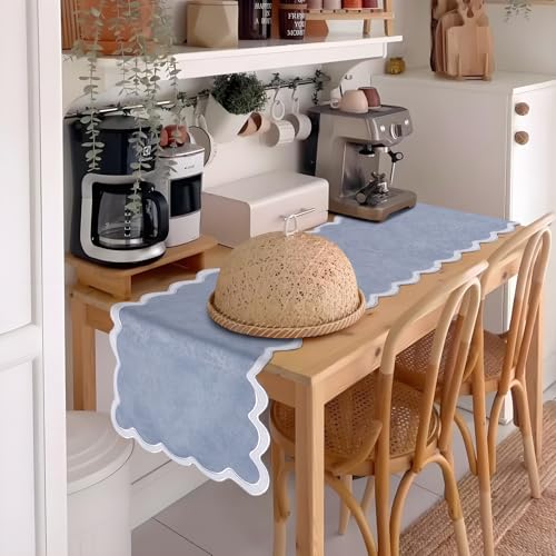 yuboo Small Dusty Blue Table Runner 15x36 Inch, Vintage Scalloped Coffee Table Cover Short, Farmhouse Dresser Scarf for Nightstand, End Table, French Country Summer Coastal Grand Millenial Home Decor by yuboo - Used condition - Image 7