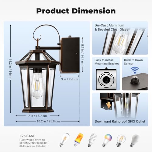Image of Gleamz Porch Lights Outdoor with GFCI Outlet, Dusk to Dawn Outdoor Lighting