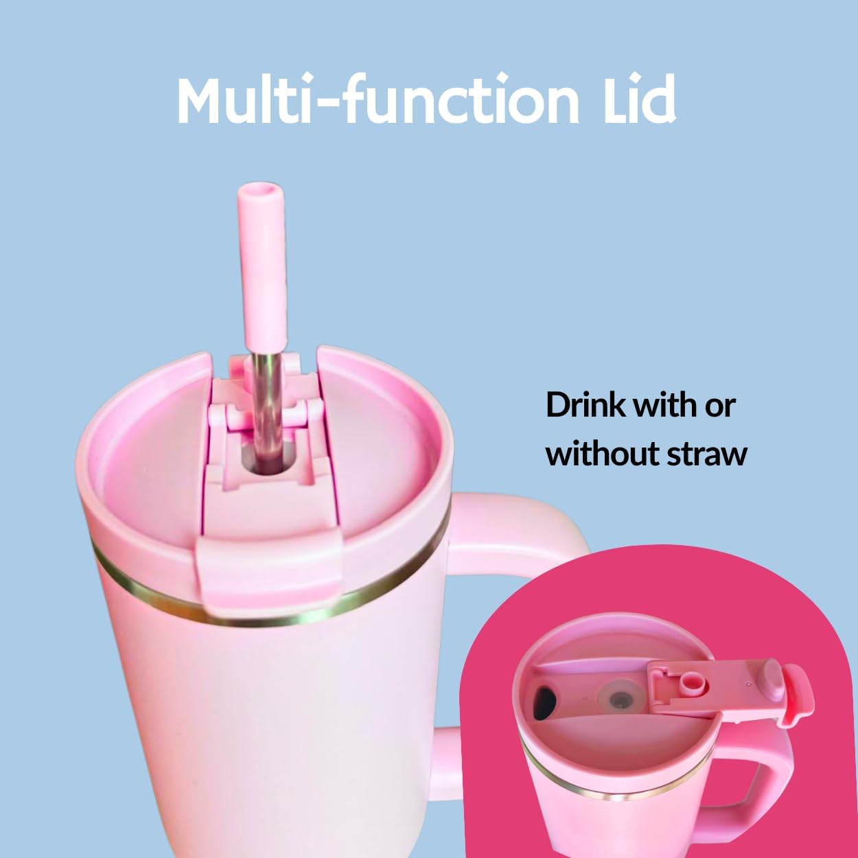 Travel 40oz Tumbler with Handle & Straw, 100% Leakproof, Triple-Insulated, Keeps Drinks Cold 30H/ Hot 12H, Stainless Steel Cup, Cup Holder Friendly (Tea Rose)