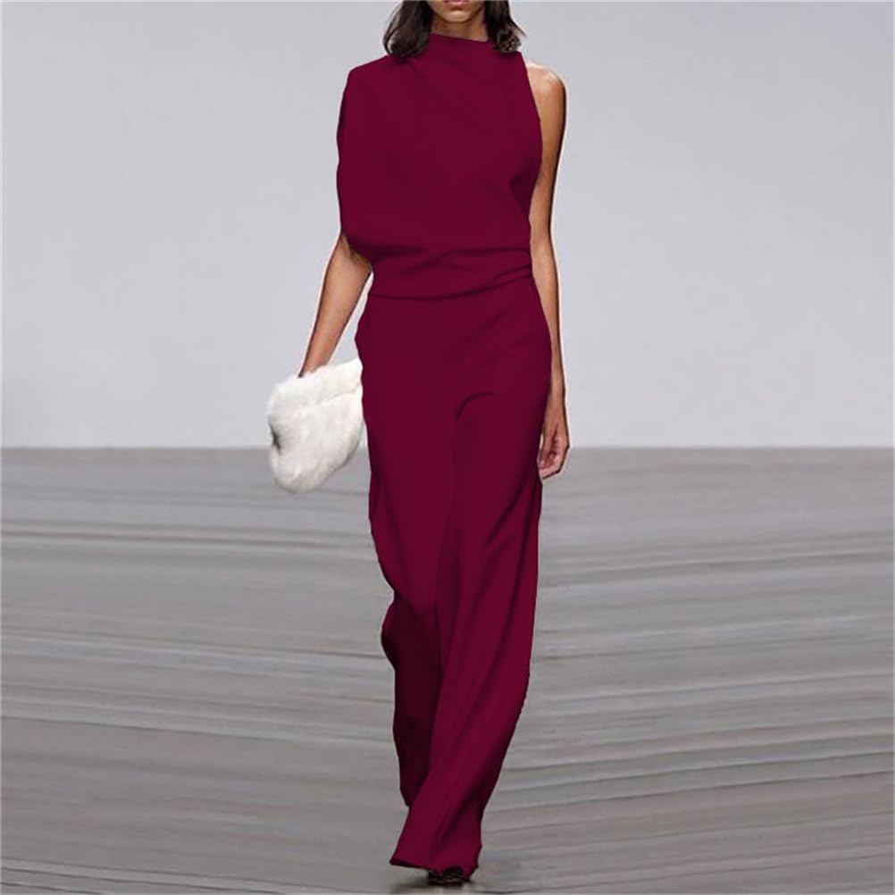 Tuta da donna, elegante e alla moda, con spalle scoperte e scollo a V, tinta unita, monospalla