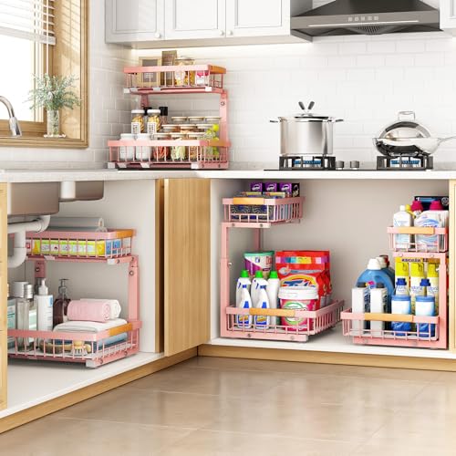Image of PXRACK Under Sink Organizer, Adjustable Height, 2 Tier Pull Out Under Cabinet Organizer, Slide Out Thickened Metal Under Sink Storage for Kitchen Bathroom Laundry Pantry Cabinet, Pink, Large-1-Pack