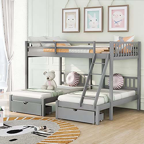 Full Over Twin & Twin Bunk Bed for Kids Teens Wood Triple Bunk Bed with Drawers Bedframe with 2 Drawers for Guests and Sleepovers,Bunk Bed can Be Divided into 3 Individual beds