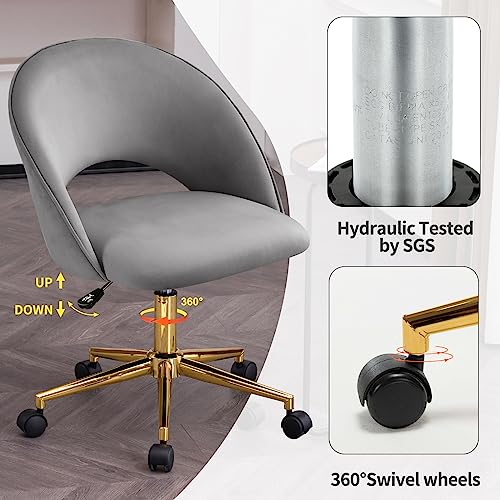 Furniliving Velvet Home Office Chair, Cute Desk Chair Swivel Armchair Upholstered Task Chair With Gold Metal Base, Vanity Chair Adjustable Computer Chair Makeup Chair For Living Room (Lightgrey) #TOP3