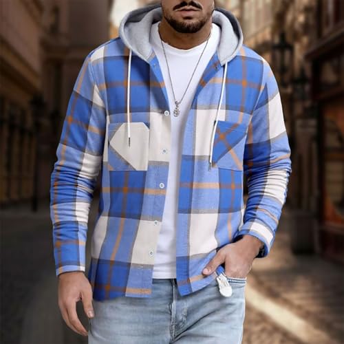 Mens Plaid Jacket Classic Print Casual Fall Tops Button Down Shirt Long Sleeve Color Block Drawstring Hood Shirts2
