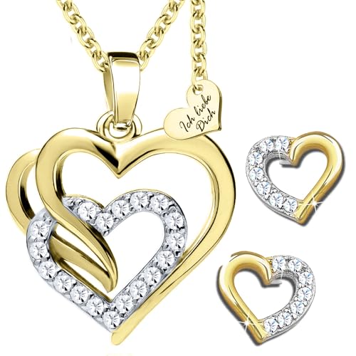 Limana Schmuckset Damen Silber 925 Gold Herzkette Herz Kette mit Ohrringe Ohrstecker vergoldet Goldkette Ich Liebe Dich Weihnachten Geschenk für Freundin Frauen Ehefrau