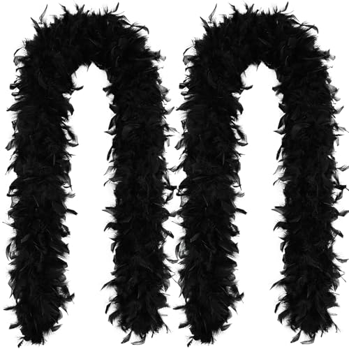 iHUFeather Chandelle Turkey Feather Boa 1.64 Yards 30g for DIY Craft Party Wedding Halloween Costume Decoration Black Feather Boa (2pcs)
