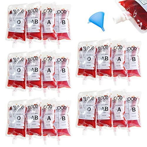 20 Pack Blood Bags for Drinks 8.5oz Anti-Leak Bags with Cap Reusable Food Grade Bag Decoration Cups for Halloween and Christmas