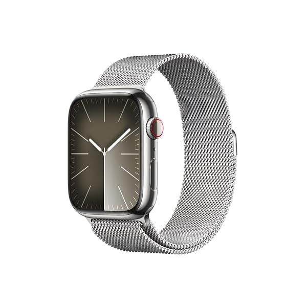 Apple Watch Series 9 [GPS + Cellular 45mm] Smartwatch with Silver Stainless Steel Case with Silver Milanese Loop. Fitness Tracker, Blood Oxygen & ECG Apps, Always-On Retina Display
