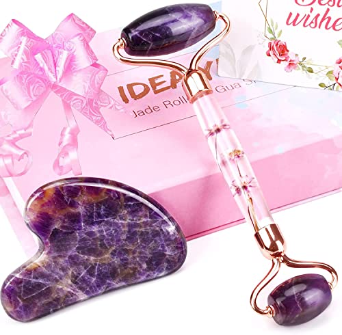 ideayard Jade Roller und Gua Sha Set, 100% Echte Natürlicher Amethyst Gesichtsroller Massage Gesicht Schaber für Gesichts Anti Aging, Augen, Hals, der Griff enthält ein echtes Blumendesign Cover