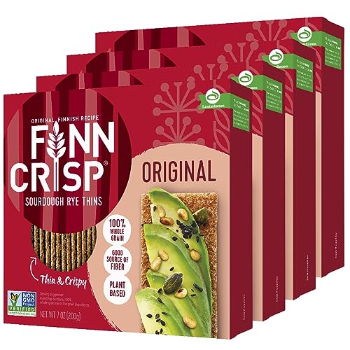 Finn Crisps Original Rye Crispbread 7oz | Thin, Crispy Rye Flatbread Crackers | Multipack of Authentic Finnish Sourdough Crispbread | Whole Grain Rye Crackers [4 Boxes x 7oz]