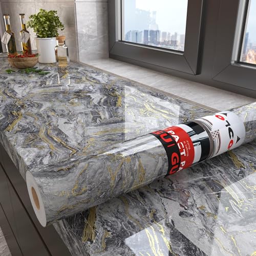 Decotalk Vinilo Marmol Cocina Mueble Gris Y Dorado Impermeable 60X300cm Papel Adhesivo Para Muebles Gris Revestimiento de Paredes Papel Paredes Decoración Pared Cocina Baño Armarios Comedor Extrable