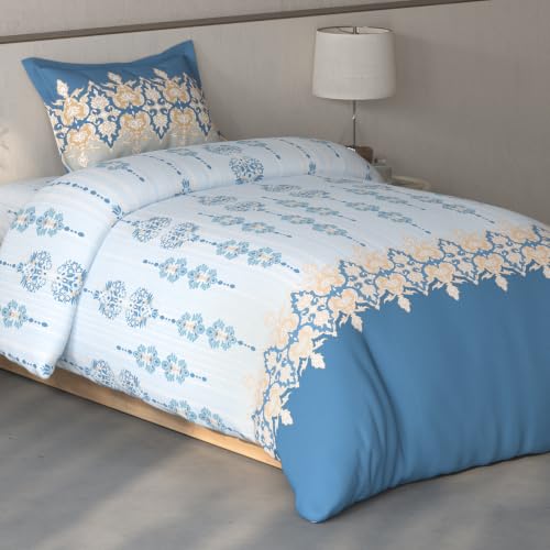 Image of Spaces Fiora Ornate Single Bedsheet with 1 Pillow Covers | 100% Cotton Bed Sheet | Percale Bedding Set | Super Soft & Breathable Bedsheet | Light Blue | 152 x 228 Cm