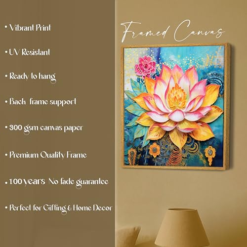 Image of PAINTINGMANTRA Multicolor Abstract Stretched Canvas Framed Painting Wall Art for Living Room Bedroom Office Cafe - Blue Yellow Pink Lotus Floral Abstract Framed Canvas Wall Decor Painting (58x58 cm)