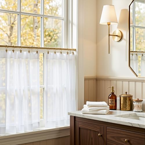 Image of NICETOWN White Sheer Kitchen Curtains 24 Inches Long, W27xL24, 2 Panels | Rod Pocket Light Filtering Drapes Elegant & Lightweight Short Window Treatments for Home Decor